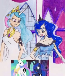Size: 540x632 | Tagged: safe, artist:lunaart, princess celestia, princess luna, alicorn, human, pony, a royal problem, g4, alicorn humanization, alternative cutie mark placement, cutie mark on human, duo, duo female, female, horn, horned humanization, humanized, open mouth, royal sisters, scene interpretation, screencap reference, shocked, shoulder cutie mark, siblings, sisters, swapped cutie marks, throne room, tired eyes, winged humanization