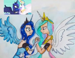 Size: 540x416 | Tagged: safe, artist:lunaart, screencap, princess celestia, princess luna, alicorn, human, pony, a royal problem, g4, alicorn humanization, alternative cutie mark placement, crying, cutie mark on human, duo, duo female, female, holding hands, holding hooves, horn, horned humanization, humanized, royal sisters, scene interpretation, shoulder cutie mark, siblings, sisters, swapped cutie marks, tears of joy, winged humanization, wings