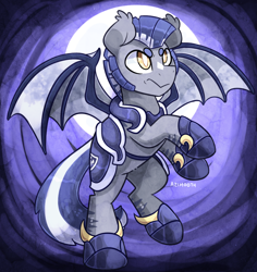 Size: 850x900 | Tagged: safe, artist:azimooth, oc, oc only, oc:icarus the lunar guard, bat pony, pony, lords of ponykeep, angry, armor, bat wings, clean, colored pupils, commission, ear fluff, game, hoof shoes, lunar guard armour, male, moon, night guard, night guard armor, rearing, sideburns, solo, spread wings, stallion, two toned mane, two toned tail, two toned wings, wings