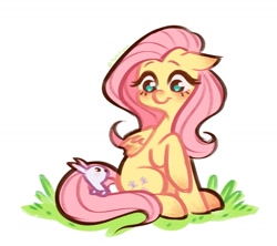 Size: 1221x1086 | Tagged: safe, artist:aooctopus, fluttershy, pegasus, pony, rabbit, g4, animal, cute, daaaaaaaaaaaw, female, floppy ears, folded wings, grass, looking at each other, looking at someone, mare, raised hoof, shyabetes, simple background, sitting, smiling, solo, turned head, white background, wings
