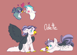 Size: 1400x1000 | Tagged: safe, artist:orphicswan, gabby, terramar, oc, oc:odette, hybrid, pony, g4, :p, chaoticverse, female, gabbymar, interspecies offspring, male, offspring, parent:gabby, parent:terramar, parents:gabbymar, red background, shipping, simple background, solo, straight, tongue out