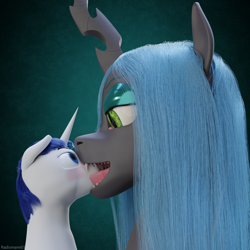 Size: 2048x2048 | Tagged: safe, artist:radiomann01, queen chrysalis, shining armor, changeling, changeling queen, pony, unicorn, g4, 3d, blushing, drool, drool string, duo, fangs, female, femdom, high res, horn, infidelity, larger female, licking, long hair, male, mane, mawplay, open mouth, prisoner, render, salivating, sharp teeth, ship:shining chrysalis, shipping, simple background, size difference, smaller male, smiling, straight, teeth, tongue out, uncertain