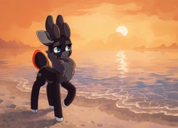Size: 2032x1462 | Tagged: safe, artist:koviry, part of a set, oc, oc only, deer, beach, commission, raised hoof, scenery, smiling, solo, sun, water, ych result