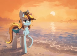 Size: 2032x1462 | Tagged: safe, artist:koviry, part of a set, oc, oc only, pegasus, pony, beach, commission, raised hoof, scenery, smiling, solo, sun, sunset, two toned wings, walking, water, wings, ych result