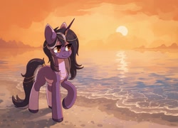 Size: 2032x1462 | Tagged: safe, artist:koviry, part of a set, oc, oc only, oc:rivibaes, pony, unicorn, beach, coat markings, commission, pale belly, raised hoof, scenery, smiling, socks (coat markings), solo, sun, sunset, walking, water, ych result