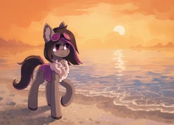 Size: 2032x1462 | Tagged: safe, artist:koviry, part of a set, oc, oc only, oc:mimicry, changeling, beach, changeling oc, chest fluff, commission, purple changeling, raised hoof, scenery, smiling, solo, sun, water, ych result