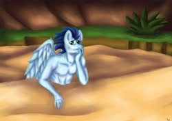 Size: 4093x2894 | Tagged: safe, artist:sugar lollipop, soarin', pegasus, anthro, g4, complex background, digital art, half body, lineless, looking back, male, male nipples, muscles, muscular male, nipples, nudity, partial nudity, quicksand, request, requested art, sand, sexy, solo, stuck, stupid sexy soarin', topless, torso, worried, worried smile