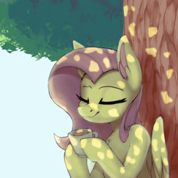 Size: 2000x2000 | Tagged: safe, artist:thesas110, fluttershy, pegasus, pony, g4, bust, chest fluff, chocolate, cottagecore, cute, dappled sunlight, eyes closed, female, folded wings, food, high res, hoof hold, hot chocolate, mare, mug, outdoors, shyabetes, smiling, solo, three quarter view, tree, under the tree, wings