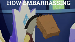 Size: 1280x720 | Tagged: safe, edit, edited screencap, editor:quoterific, screencap, discord, draconequus, dungeons and discords, g4, season 6, friendship throne, how embarrassing, male, paper bag, solo, twilight's castle
