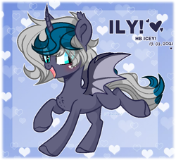 Size: 767x696 | Tagged: safe, artist:midnightmusic, oc, oc only, oc:elizabat stormfeather, alicorn, bat pony, bat pony alicorn, pony, alicorn oc, bat pony oc, bat wings, birthday, birthday gift, blushing, chest fluff, cute, cute little fangs, ear fluff, fangs, female, heart, horn, mare, missing cutie mark, raised hoof, raised tail, solo, tail, wings