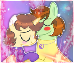 Size: 1705x1436 | Tagged: safe, artist:doraeartdreams-aspy, oc, oc:aspen, oc:ryan, alicorn, earth pony, pony, alicorn oc, base used, blushing, bodysuit, catsuit, clothes, couple, eyes closed, female, heart, hippie, horn, jewelry, latex, latex suit, love, male, necklace, peace suit, peace symbol, peaceful, romantic, rubber suit, straight, wings