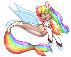 Size: 1991x1600 | Tagged: safe, artist:peppermintleo, oc, oc only, pegasus, pony, seapony (g4), blue eyes, blue wings, dorsal fin, female, fins, fish tail, jewelry, multicolored hair, multicolored tail, necklace, open mouth, rainbow hair, seaponified, seashell, simple background, smiling, solo, species swap, tail, transparent background