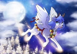 Size: 3507x2481 | Tagged: safe, artist:arctic-fox, oc, oc only, oc:snow pup, deer, deer pony, original species, peryton, christmas, flying, glowing hooves, high res, holiday, looking back, moon, night, solo, wings