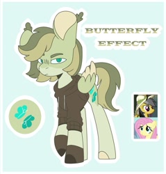 Size: 1280x1340 | Tagged: safe, artist:just-evs, daring do, fluttershy, oc, oc only, oc:butterfly effect, pegasus, pony, g4, blue background, clothes, daringshy, female, hoodie, lesbian, magical lesbian spawn, offspring, outline, parent:daring do, parent:fluttershy, parents:daringshy, screencap reference, shipping, simple background, solo