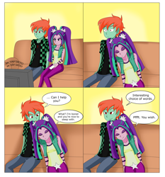 Size: 5578x5988 | Tagged: safe, artist:sodaska, aria blaze, oc, oc:ruby sword, equestria girls, g4, couch, eyes closed, flirting, looking at each other, looking at something, my tiny gecko, raised eyebrow, sleeping, smiling, smirk, snuggling, television