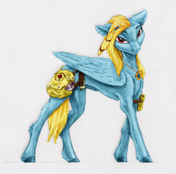 Size: 2398x2373 | Tagged: safe, artist:joestick, editor:vedont, oc, oc only, oc:brave blossom, pegasus, pony, fanfic:yellow feathers, bag, colored, feather, female, high res, jewelry, saddle bag, solo