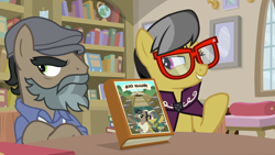 Size: 1920x1080 | Tagged: safe, screencap, a.k. yearling, daring do, doctor caballeron, earth pony, pegasus, pony, daring doubt, g4, book, crossed arms, crossed hooves, disguise, duo, fake beard, female, frown, glasses, groom q.q. martingale, hat, male, mare, smiling, stallion, teeth, unamused