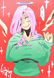Size: 700x1000 | Tagged: safe, artist:sozglitch, fluttershy, human, g4, big breasts, breasts, busty fluttershy, clothes, crazy eyes, cross, female, halo, heart, huge breasts, humanized, red background, simple background, solo, sweater, sweatershy, yandere, yandereshy