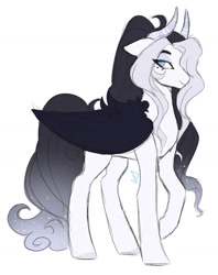 Size: 1280x1613 | Tagged: safe, artist:void-sommar, oc, oc only, oc:lucifer, hybrid, pony, black wings, ethereal mane, female, hair over one eye, horns, interspecies offspring, mare, offspring, parent:discord, parent:rarity, parents:raricord, simple background, solo, starry mane, white background