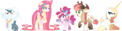 Size: 1280x334 | Tagged: safe, artist:blizzard-queen, applejack, fluttershy, pinkie pie, rainbow dash, rarity, cow, cow pony, hybrid, pony, g4, amputee, bow, braid, cloven hooves, cowboy hat, flower, flower in hair, freckles, goggles, hair bow, hat, height difference, horn, horns, long horn, peytral, prosthetic leg, prosthetic limb, prosthetics, redesign, shoulder freckles, simple background, species swap, transparent background