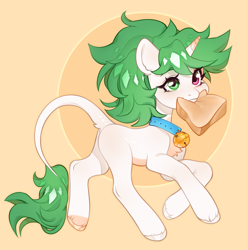 Size: 3383x3417 | Tagged: safe, artist:aphphphphp, oc, oc only, oc:sugarstar, pony, unicorn, bell, bell collar, bread, collar, food, high res, simple background, solo
