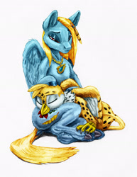 Size: 2313x3003 | Tagged: safe, artist:joestick, editor:vedont, oc, oc only, oc:beaky, oc:brave blossom, griffon, pegasus, pony, fanfic:yellow feathers, clothes, colored, female, high res, jewelry, male, mother and child, mother and son, sleeping
