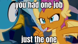 Size: 1920x1080 | Tagged: safe, edit, edited screencap, screencap, gallus, smolder, dragon, griffon, g4, what lies beneath, angry, caption, discovery family, discovery family logo, dragoness, duo, female, image macro, loki, male, narrowed eyes, nightmare cave, pointing, reaction image, scared, text, thor ragnarok, wide eyes, you had one job