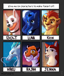 Size: 1072x1280 | Tagged: safe, artist:zobaloba, princess luna, alicorn, big cat, dog, lion, pony, tiger, g4, bolt, bust, carrot, chest fluff, collar, crescent moon, crossover, ethereal mane, eye scar, food, jewelry, kion, moon, mouth hold, night, outdoors, peytral, scar, six fanarts, smiling, spirited away, starry mane, the lion guard, tiara