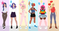Size: 9280x5000 | Tagged: safe, artist:ohhoneybee, applejack, fluttershy, pinkie pie, rainbow dash, rarity, twilight sparkle, human, g4, abs, alternate hairstyle, applejack's hat, belly button, blushing, boots, breasts, clothes, converse, cowboy boots, cowboy hat, dark skin, diversity, ear piercing, earring, elf ears, eyeshadow, female, fingerless gloves, freckles, glasses, gloves, grin, hat, heart, high heel boots, humanized, jeans, jewelry, lipstick, makeup, mane six, midriff, nail polish, necklace, open mouth, overalls, pants, peace sign, piercing, scar, shoes, shorts, skirt, smiling, sneakers, socks, sports shorts, stockings, sweater, tank top, thigh highs, wall of tags