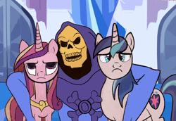 Size: 1162x800 | Tagged: safe, artist:duckmagee, princess cadance, shining armor, alicorn, pony, unicorn, fanfic:skeletor master of the empire, g4, angry, cadance is not amused, crossover, crystal empire, fanfic art, female, fimfiction, frown, he-man and the masters of the universe, male, mare, skeletor, stallion, trio, unamused