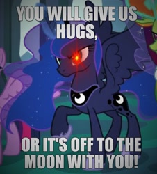 Size: 1155x1280 | Tagged: safe, edit, edited screencap, screencap, princess luna, thorax, twilight sparkle, alicorn, changedling, changeling, pony, g4, to where and back again, angry, bronybait, caption, cropped, glowing eyes, hug request, king thorax, red eye, text, this will end in a trip to the moon, to the moon, twilight sparkle (alicorn)
