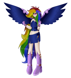 Size: 5994x6609 | Tagged: safe, artist:dazzlingmimi, gameloft, rainbow dash, human, g4, alternate hairstyle, boots, clothes, female, fingerless gloves, gloves, grin, high heel boots, humanized, midriff, nightmare rainbow dash, nightmarified, shoes, simple background, skirt, smiling, solo, transparent background, tube top, winged humanization, wings