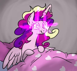 Size: 945x875 | Tagged: safe, artist:jargon scott, part of a set, princess cadance, alicorn, pony, g4, bed, bed mane, february, female, glowing eyes, hat, heart, horn, horn cap, it begins, mare, nightcap, princess of love, run, smiling, solo, spread wings, this will end in love, uh oh, wings