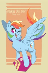 Size: 2433x3673 | Tagged: safe, artist:taytinabelle, rainbow dash, pegasus, pony, g4, chest fluff, cute, dashabetes, ear fluff, female, flying, high res, leg fluff, looking at you, mare, one eye closed, open mouth, present, rainbow dash day, smiling, solo, spread wings, wings, wink