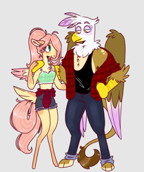 Size: 1715x2048 | Tagged: safe, artist:doodlebetch, fluttershy, gilda, anthro, digitigrade anthro, unguligrade anthro, g4, arm around back, clothes, female, gender headcanon, gildashy, gray background, hair over one eye, hand on hip, hand on shoulder, jeans, lesbian, mare, midriff, pants, plaid shirt, ponytail, shipping, shirt, shorts, simple background, size difference, tail feathers, trans female, transgender