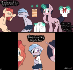 Size: 4200x3992 | Tagged: safe, artist:pinkberry, oc, oc only, oc:cinnamon autumn, oc:winter azure, unnamed oc, pony, 2 panel comic, back freckles, brother, brother and sister, clothes, colt, comic, crossdressing, cute, eyelashes, female, freckles, glasses, levitation, lipstick, magic, makeover, makeup, male, narration, ocbetes, older female, sailor uniform, shoulder freckles, siblings, sister, sisters, skirt, squint, telekinesis, text, tongue out, trap, uniform, younger female, younger male
