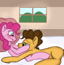 Size: 841x852 | Tagged: safe, artist:vibrantwishes, cheese sandwich, pinkie pie, earth pony, pony, g4, bed, female, looking at each other, lying down, male, mare, missing cutie mark, ship:cheesepie, shipping, stallion, straight, window