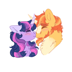 Size: 1280x1280 | Tagged: safe, artist:scarletskitty12, sunburst, twilight sparkle, alicorn, pony, unicorn, g4, blaze (coat marking), blushing, bust, chest fluff, coat markings, curved horn, eyes closed, facial markings, female, horn, kissing, male, nose kiss, pale belly, ship:twiburst, shipping, simple background, straight, transparent background, two toned horn
