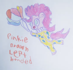 Size: 1280x1220 | Tagged: safe, artist:dex stewart, pinkie pie, earth pony, pony, g4, balloon, clown, it, non-dominant hand drawing, pennywise, solo, traditional art