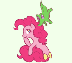 Size: 388x338 | Tagged: safe, artist:fizpup, gummy, pinkie pie, alligator, earth pony, pony, g4, bow, duo, female, green background, male, mare, no pupils, ponk, simple background, tail bow