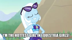 Size: 888x499 | Tagged: safe, trixie, equestria girls, equestria girls specials, g4, my little pony equestria girls: better together, my little pony equestria girls: forgotten friendship, best human, caption, clothes, eyes closed, image macro, imgflip, sarong, sunglasses, swimsuit, text