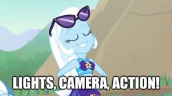 Size: 888x499 | Tagged: safe, trixie, equestria girls, equestria girls specials, g4, my little pony equestria girls: better together, my little pony equestria girls: forgotten friendship, caption, clothes, eyes closed, image macro, imgflip, sarong, sunglasses, swimsuit, text