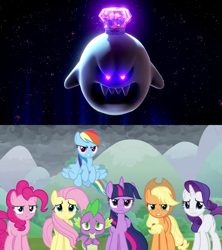 Size: 1920x2160 | Tagged: safe, applejack, fluttershy, pinkie pie, rainbow dash, rarity, spike, twilight sparkle, alicorn, dragon, earth pony, ghost, pegasus, pony, undead, unicorn, g4, season 9, the ending of the end, angry, comparison, glowing eyes, king boo, luigi's mansion, luigi's mansion 3, mane seven, mane six, nintendo, super mario bros., twilight sparkle (alicorn), wind, winged spike, wings, worried