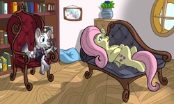 Size: 2000x1200 | Tagged: safe, artist:annacurser, artist:davionxy, fluttershy, princess celestia, oc, oc:dr. wolf, pegasus, pony, wolf, g4, book, bookshelf, chair, couch, flower, picture, sunlight, vase, window