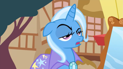 Size: 1417x797 | Tagged: safe, screencap, trixie, pony, unicorn, boast busters, g4, my little pony: friendship is magic, cape, clothes, faic, floppy ears, horn, lidded eyes, mirror, open mouth, ponyville, solo, tree, trixie is not amused, trixie's cape, unamused
