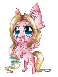 Size: 970x1275 | Tagged: safe, artist:alissa1010, oc, oc only, oc:mio, pegasus, pony, body freckles, chest fluff, chibi, cute, donut, ear fluff, excessive chest fluff, female, food, freckles, mare, mouth hold, ocbetes, rearing, simple background, solo, transparent background