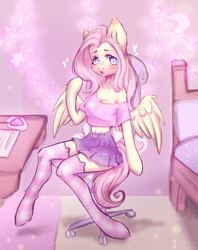 Size: 1582x2000 | Tagged: safe, artist:zefirka, fluttershy, pegasus, anthro, unguligrade anthro, g4, arm hooves, breasts, chair, cleavage, clothes, cute, open mouth, shyabetes, sitting, socks, striped socks, thigh highs