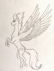 Size: 1728x2304 | Tagged: safe, artist:pegasus_fs, fleetfoot, pegasus, pony, g4, female, flying, large wings, lineart, mare, raised tail, simple background, slender, smiling, solo, spread wings, tail, thin, traditional art, wings