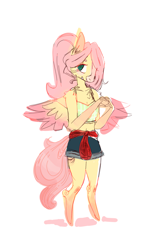 Size: 1000x1600 | Tagged: safe, artist:lilingratenasty, fluttershy, pegasus, anthro, unguligrade anthro, g4, clothes, female, heart hands, mare, ponytail, shorts, simple background, solo, sweater around waist, tank top, white background