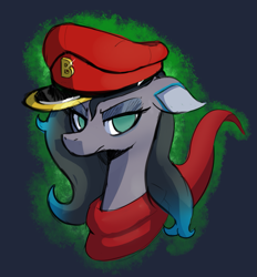 Size: 1023x1104 | Tagged: safe, artist:hitsuji, oleander (tfh), pony, unicorn, them's fightin' herds, alternate color palette, clothes, community related, hat, looking at you, peaked cap, scarf, simple background, solo